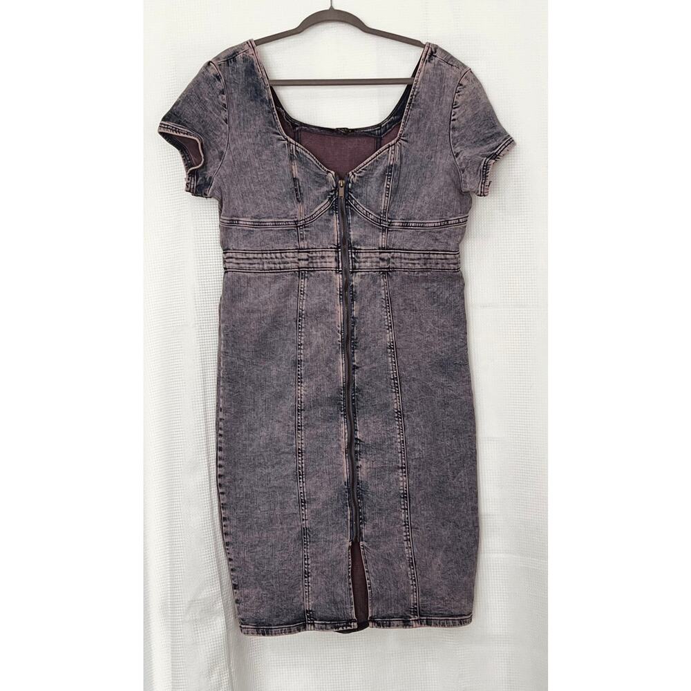 Venus Denim Midi Dress Sweetheart-Shaped Top Blush Purple w/Pink Acid Wash L